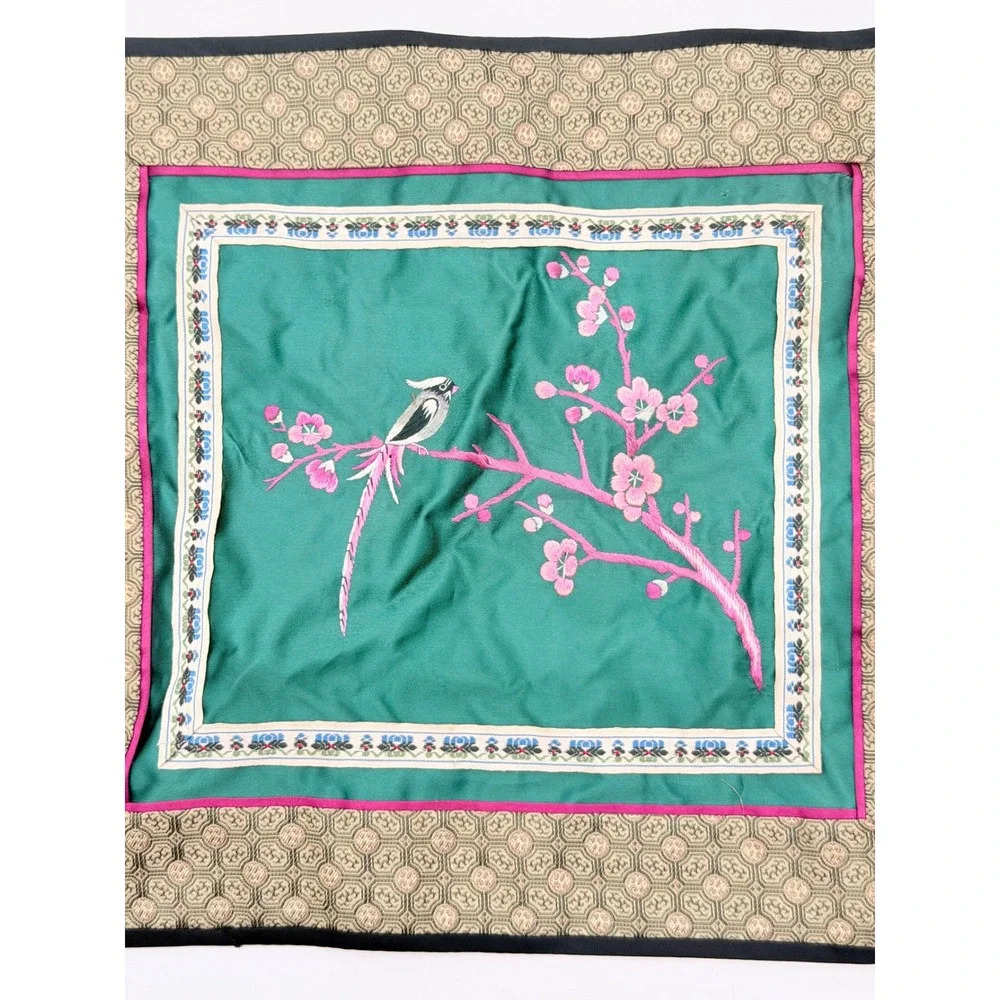 Vintage Chinese Hand Embroidered Silk Textile Bird Cherry Blossom Green 12x12